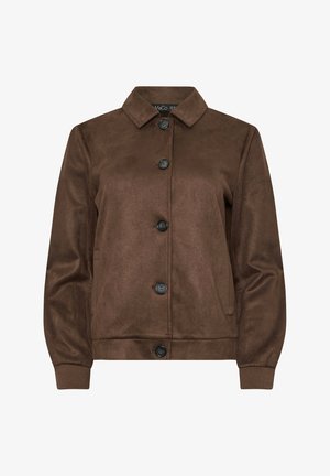 Brown suede jacket with a collar, five black buttons down the front, long sleeves, and ribbed cuffs.