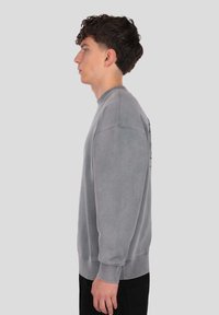 Gray sweatshirt with long sleeves, rounded neckline, and ribbed cuffs. Features a textured logo detail on the back. Fabric appears soft.