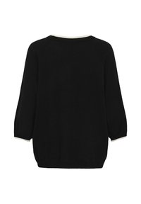 Fekete, hosszú ujjú pulóver fehér díszítéssel a nyakrészen és a mandzsettákon, hátulról bemutatva fehér háttér előtt.