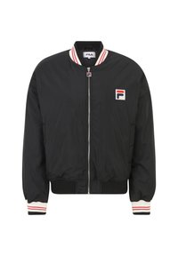 Chaqueta bomber negra con cierre delantero, puños acanalados y cuello con rayas rojas y blancas. Logotipo bordado en el lado izquierdo del pecho. Textura suave.