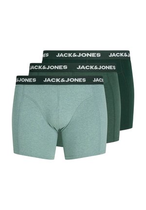 Lot de trois boxers pour hommes en nuances de vert avec des ceintures élastiques noires portant des logos blancs JACK&JONES.