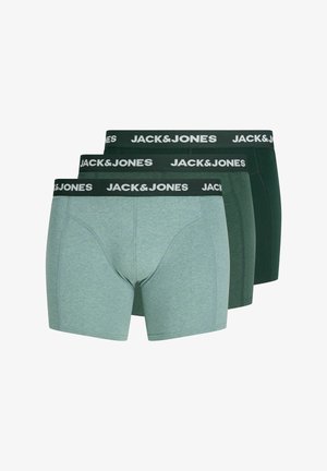 Trojdielna sada pánskych boxeriek v odtieňoch zelenej s čiernymi elastickými pásmi s bielymi logami JACK&JONES.