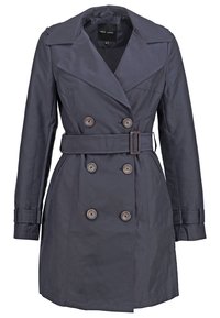 Trench-coat gris foncé à double boutonnage avec larges revers, taille ceinturée, brides aux poignets et détails de boutons sur le devant et les manches.