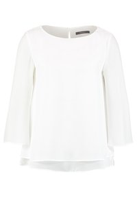 Weißes Blusenshirt mit rundem Halsausschnitt, langen Glockenärmeln und einem leicht längeren hinteren Saum. Hergestellt aus glattem, leichtem Stoff.