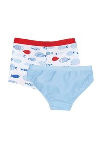 Conjunto de ropa de baño para bebé que incluye una parte inferior de bikini de color azul claro y pantalones cortos de baño con una cinturilla roja, adornados con diversos patrones de peces azules y rojos.