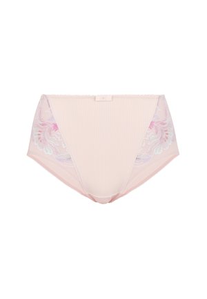 Pink bikini briefs with a ribbed texture, featuring floral lace accents on the sides. The design includes a small hook fastening at the back.