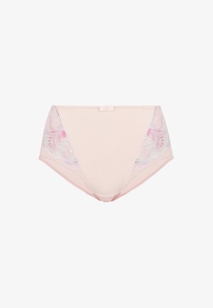 Culotte de bikini rose avec une texture côtelée, ornée d'accents en dentelle florale sur les côtés. Le modèle comprend une petite fermeture à crochet à l'arrière.