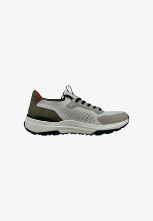 Lightweight sneaker featuring a mesh upper in white and gray, brown suede accents, black laces, and a thick white midsole with textured grip.