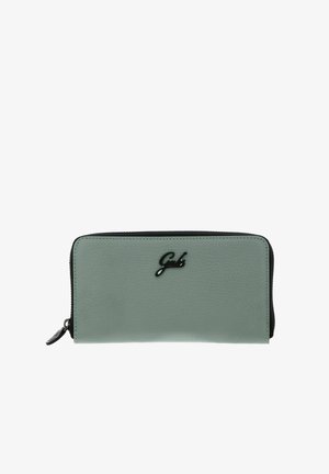Portefeuille zippé vert clair avec logo "Gab" noir sur le devant, présenté sur fond blanc.