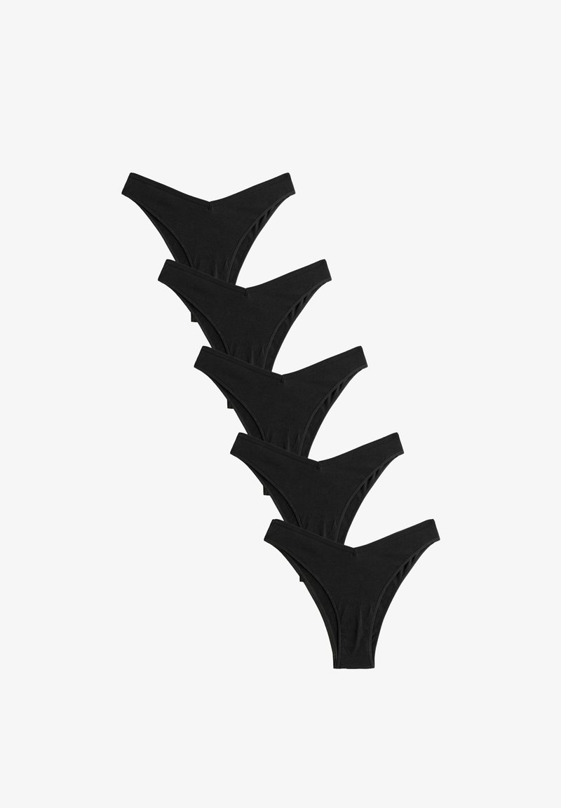 Fünf Paar schwarze Baumwoll-Tangas mit glatter Textur, klassischem Design und minimaler Seitenbedeckung.