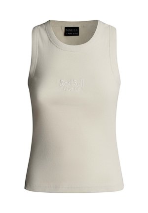 Bijeli rebrasti kratki top bez rukava s okruglim izrezom i vezom "Red Bull Racing" na prsima.