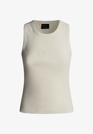 Baltas, dryžuotas, be rankovių trumpas viršus su apvaliu kaklu ir ant krūtinės siuvinėtu užrašu „Red Bull Racing“.