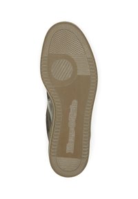 Semelle en caoutchouc vert olive avec des motifs texturés, présentant un design circulaire et rayé. Logo Marc O'Polo en relief. Taille 42.