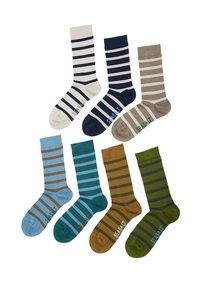 Gestreifte Socken in verschiedenen Farben: zwei Paare mit Marine und Creme, Beige, Hellblau, Türkis, Oliv und Brauntönen mit kontrastierenden Streifen.