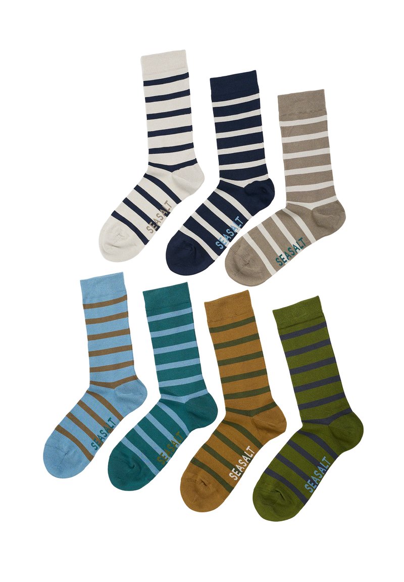 Gestreifte Socken in verschiedenen Farben: zwei Paare mit Marine und Creme, Beige, Hellblau, Türkis, Oliv und Brauntönen mit kontrastierenden Streifen.