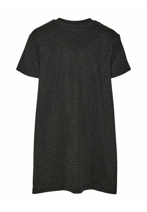 Camiseta negra de manga corta con un sutil patrón de motas blancas, vista desde atrás, diseño sencillo con cuello redondo.