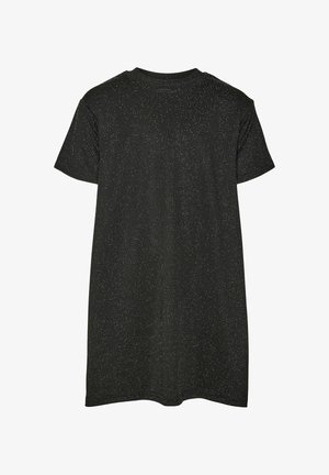 Sort t-shirt med korte ærmer og et diskret hvidt spraglet mønster, vist bagfra, enkel design med rund halsudskæring.