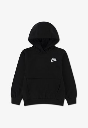 Hanorac negru cu buzunar frontal, manșete și tiv cu nervuri. Are un logo alb Nike pe piept. Confecționat dintr-un material moale, texturat.