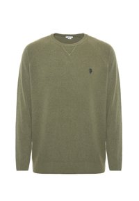 Maglione verde oliva con scollo a girocollo e finitura testurizzata. Presenta polsini e orlo a coste, e un piccolo logo scuro sul petto.