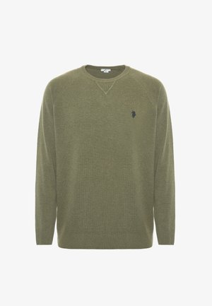Maglione verde oliva con scollo a girocollo e finitura testurizzata. Presenta polsini e orlo a coste, e un piccolo logo scuro sul petto.