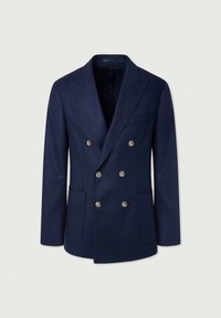 Mörkblå dubbelknäppt blazer gjord av texturerat tyg med silverknappar, med spetsig slagkrage och framfickor.