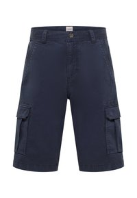 Granatowe szorty cargo wykonane z trwałego materiału, z dwoma bocznymi kieszeniami, zapięciem na guziki i prostą nogawką.