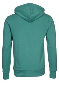 Felpa con cappuccio turchese con cordoncino, polsini e fascia in vita a coste. Materiale morbido in cotone e texture liscia, con un design semplice.