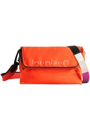 Bright orange rectangular crossbody bag with a flap closure and multicolored adjustable shoulder strap, featuring a subtle logo on the flap.