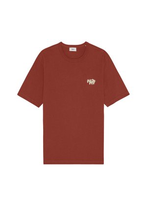 Rustfarvet T-shirt med korte ærmer og rund halsudskæring med lille beige "N°7" logo på venstre bryst.
