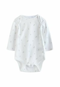 Bodysuit blanc à manches longues pour bébé avec un motif de teddy bears gris clair répété et une fermeture à pression en bas. Matériel en coton doux.