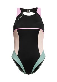 Black swimsuit with multicolored panels: light pink, mint green, and purple. Features a sporty design, high neckline, and adjustable buckle.