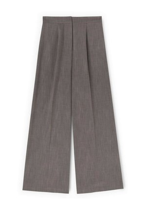 Pantaloni grigi a gamba larga con motivo a quadri sottile, caratterizzati da pieghe frontali e vita alta, distesi su sfondo bianco.