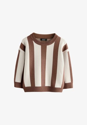 Pull en maille marron et crème à manches longues, à larges rayures verticales, avec un col rond côtelé, des poignets et un ourlet.