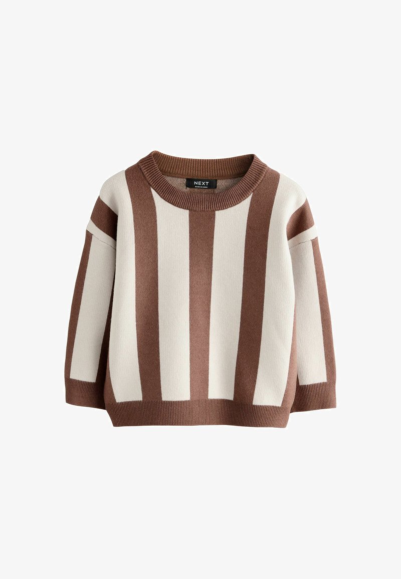Pull en maille marron et crème à manches longues, à larges rayures verticales, avec un col rond côtelé, des poignets et un ourlet.
