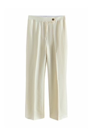 Pantaloni drepți, culoare crem, cu talie înaltă, închidere frontală cu nasturi și fără buzunare vizibile.