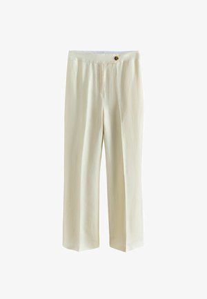 Kremfarvede bukser med lige ben, høj talje, frontknaplukning og uden synlige lommer.