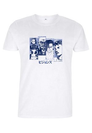 Hvid bomulds T-shirt med otte karakterillustrationer i blå nuancer og tekst på japansk under grafikken. Enkel crew neck-design.