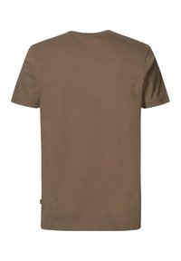 Kurzärmeliges T-Shirt in einem einfarbigen erdigen Braunton, aus weicher Baumwolle gefertigt. Verfügt über einen einfachen Rundhalsausschnitt und einen geraden Saum.