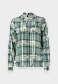 Green and blue plaid shirt with long sleeves, button-up front, collar, featuring a light checkered pattern and soft fabric texture.
