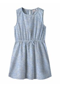 Vestido sin mangas de color azul claro con estampado floral, cintura elástica y detalle de lazo. Fabricado en tejido suave con una textura lisa. Cierre en la parte posterior con cremallera.