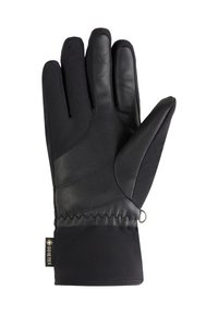 Schwarze Handschuhe mit einer Lederinnenseite und einem weichen Stoffrücken, versehen mit einem genähten Muster und einem kleinen GORE-TEX-Label am Handgelenk.