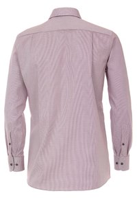 Camicia a maniche lunghe con bottoni di colore lilla chiaro, con motivo a scacchi, presenta un colletto classico e polsini con bottoni. Tessuto strutturato.