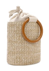 Borsa di paglia rotonda con parte superiore in satin crema e coulisse, e manico in legno liscio. Materiale naturale testurizzato con una finitura morbida.