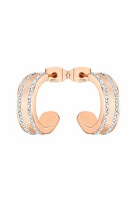 Roséguld hoopörhängen med två böjda band som har en rad klara kristaller längs den yttre kanten, slät yta och polerad finish.