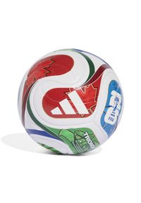 Bijela Adidas Trionda FIFA nogometna lopta s uzorkom od crvenih, zelenih, plavih i bijelih panela te logom FIFA Svjetskog kupa.