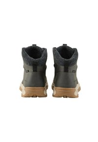 Botas impermeables grises con un collar de lana texturizada y suelas de goma beige. Cuentan con una pestaña para facilitar el calzado. Adecuadas para uso al aire libre.