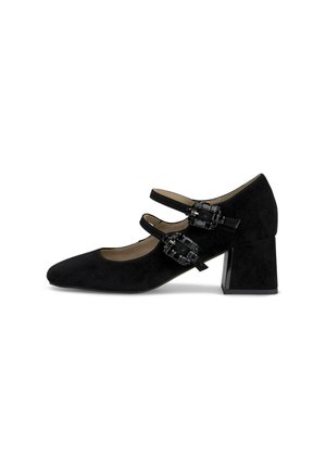 Zapato Mary Jane de ante negro con dos correas con hebillas adornadas con joyas y un tacón grueso de altura media, mostrado de lado sobre un fondo blanco.