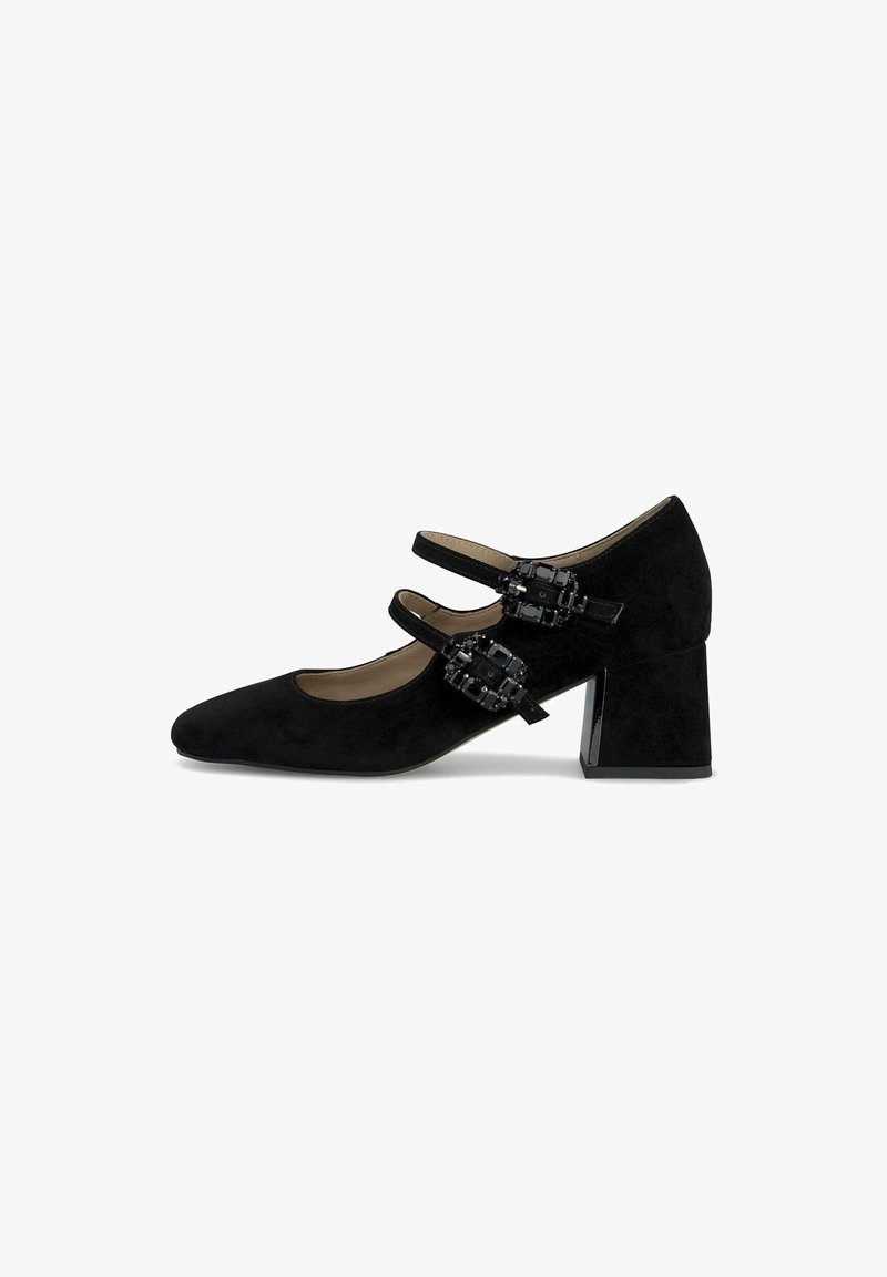 Chaussure Mary Jane en daim noir avec deux brides à boucles ornées de bijoux et un talon moyen épais, vue de profil sur fond blanc.