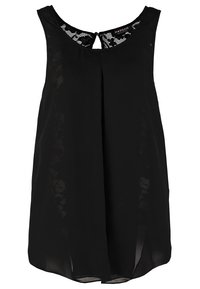 Top nero senza maniche con fronte plissettato e dettagli in pizzo sul collo posteriore. Realizzato in tessuto leggero, presenta una vestibilità comoda.