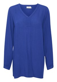 Långärmad blus med V-ringning i klart blått tyg med en texturerad yta och en liten framknäppning. Har knäppte manschetter och en avslappnad passform.
